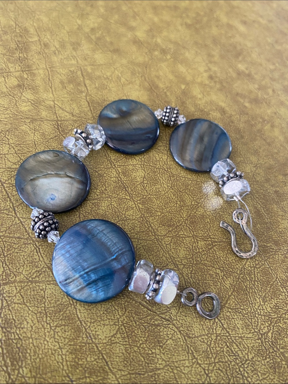 Artisan Blue Mother-of-Pearl Disc Bracelet with Silver Accents